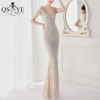 twill sequin silver evening dresses mermaid lace prom gown v neck beading cap sleeves fit elegant women party formal dress chic