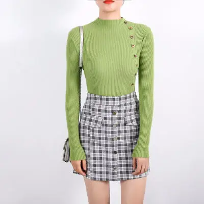 Autumn O-neck Sexy Slim Sweater Botton Desgin Knitted Pullover Women Casual Vintage Sweater Colthing Female Knit Tops - Цвет: green