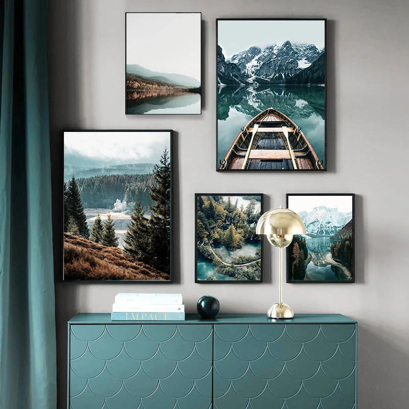 

Scandinavian Nature Landscape Canvas Painting On The Wall Art Snow Mountain Lake Boat Nordic Poster Pictures for Modern Home