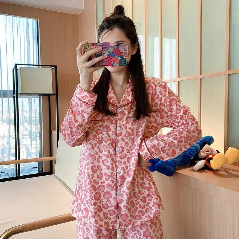 

Pajamas female spring summer suit student lovely pink leopard pattern loose long sleeve cardigan home clothes