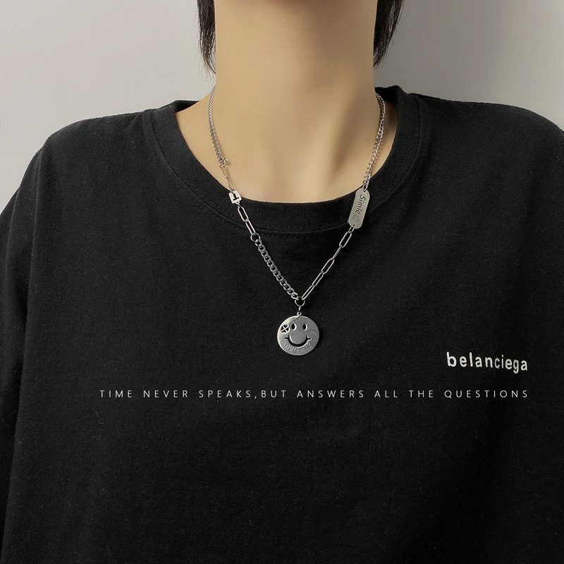 

POTCET Unisex Stainless Steel Smiley Letter Titanium Steel Necklace Pendant Clavicle Chain Fashion Hip Hop Party Jewelry
