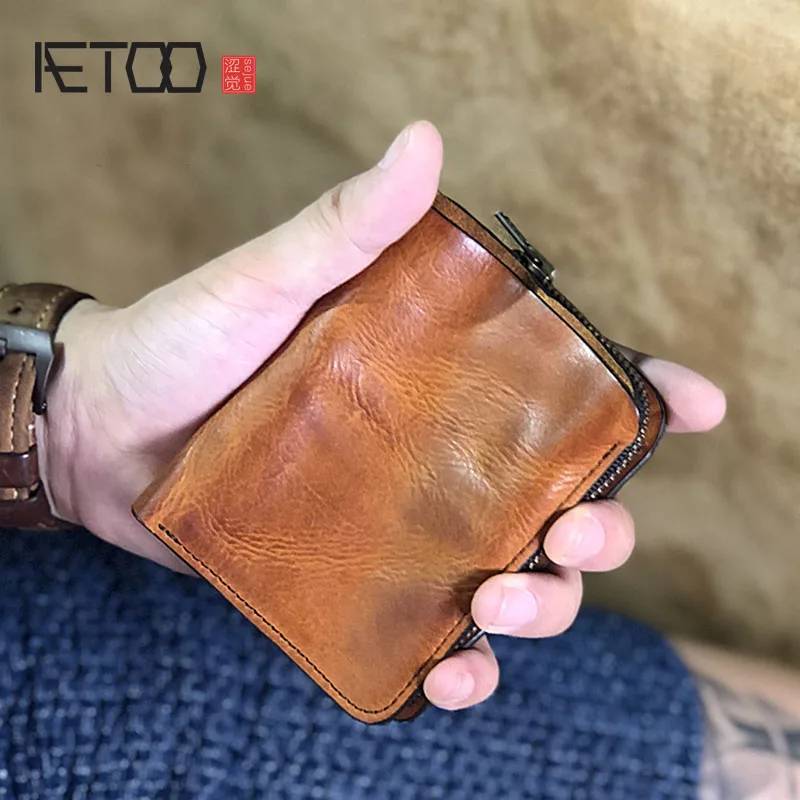 Растение ручной работы AETOO короткий мужской бумажник из натуральной воловьей