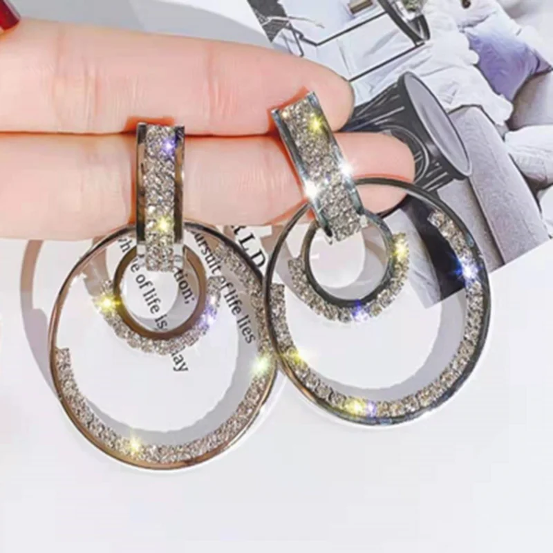 

Popular Double Round Circle Stud Earrings Inlaid Dazzling Rhinestone AAA CZ Crystal for Women Wedding Party Jewelry
