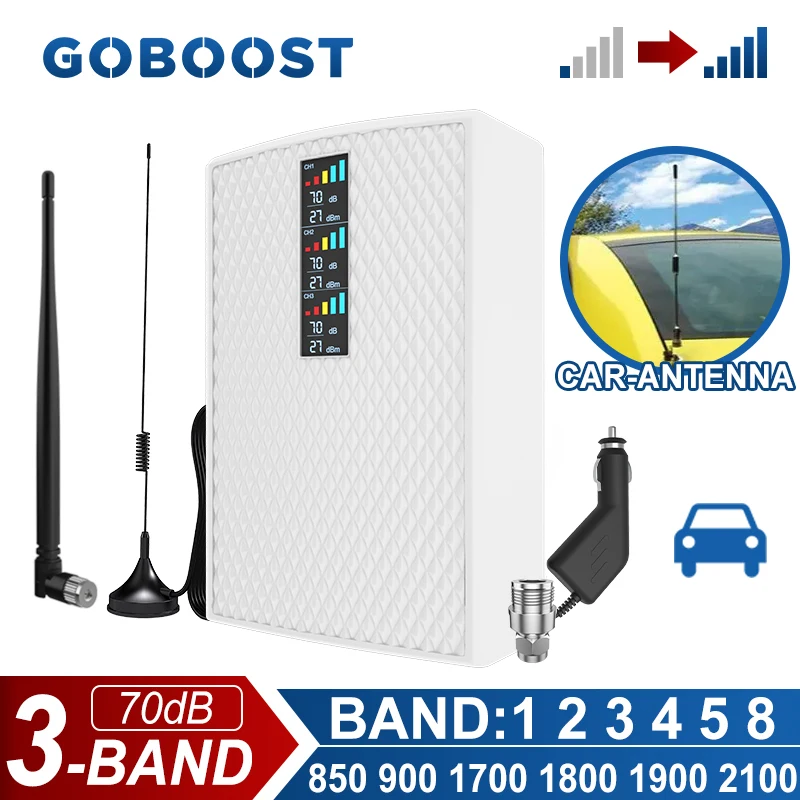GOBOOST Tri-Band Car Signal Booster 2G+3G+4G 70dB Cellular Amplifier For Car 850 900 1700 1800 1900 2100MHz Network Repeater Kit