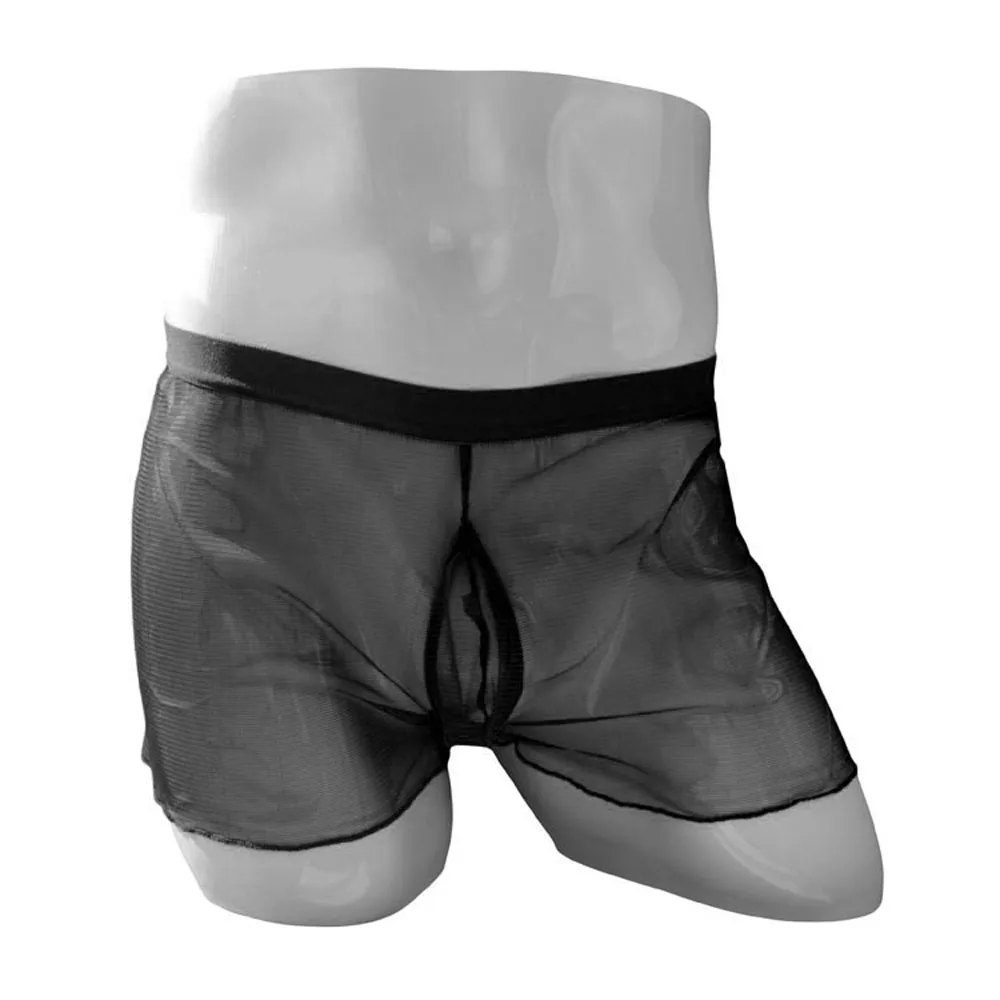 Прозрачные мужские пикантные трусы боксеры свободные газовые кружевные шорты