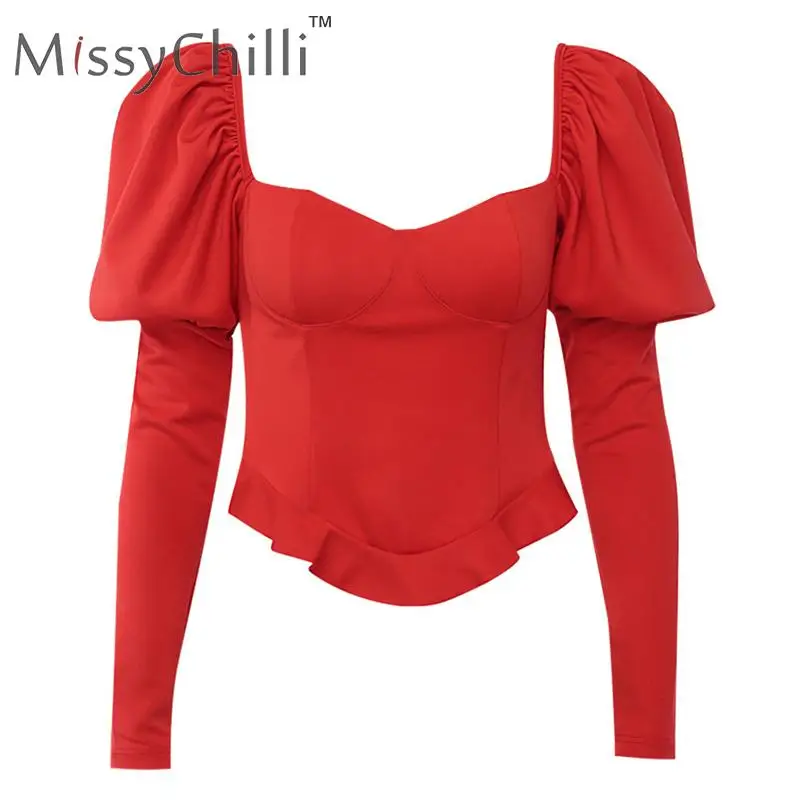 MissyChilli элегантная Красная Трикотажная Рождественская блузка с пышными рукавами