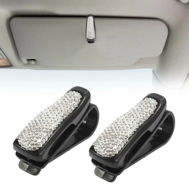 

2Pcs Bling Glasses Holder Clips & 2 Pc Mini Hooks for Car Sun Visor Sunglasses Holder Ticket Card Clip Hook White Interior Parts