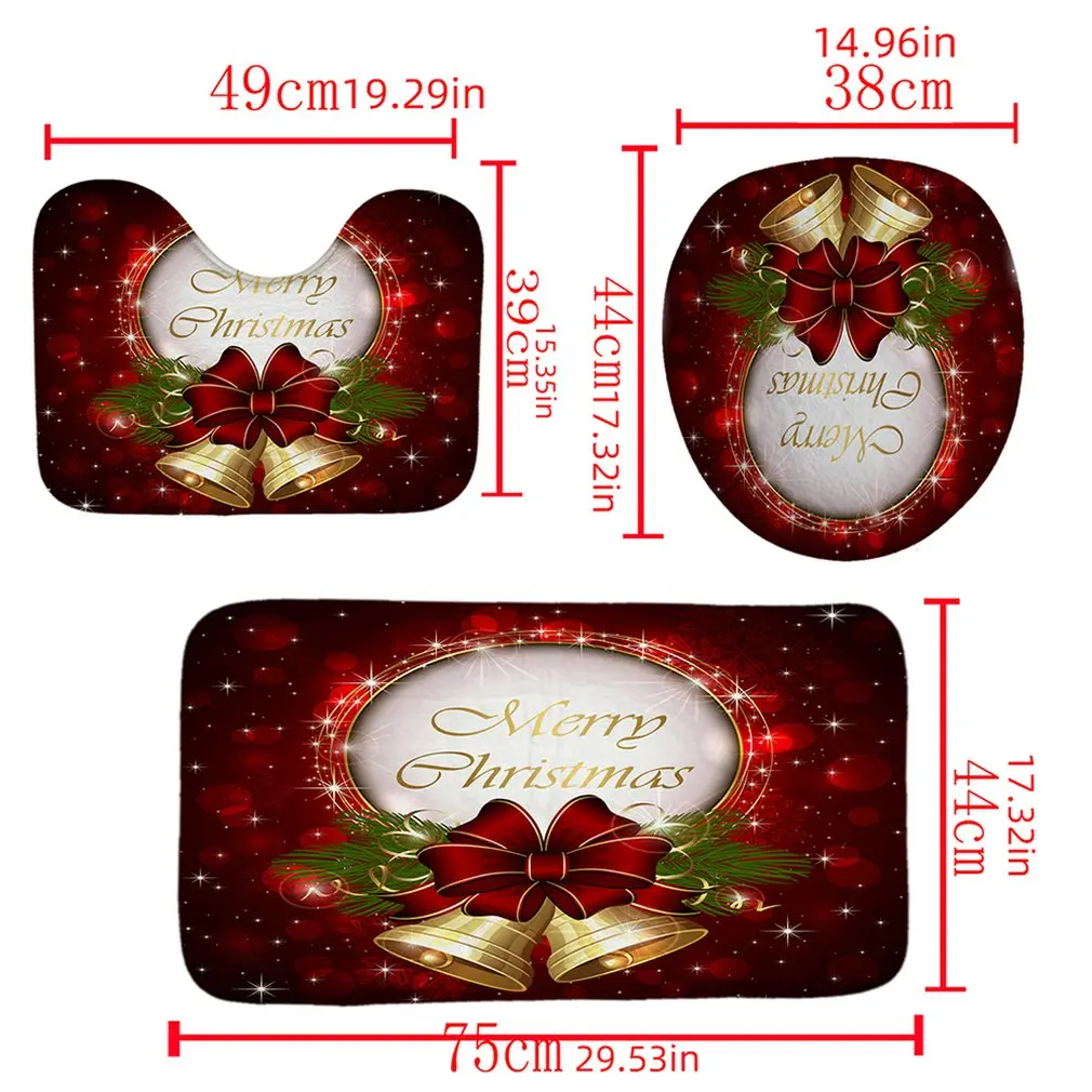 

Christmas Bell Waterproof Shower Curtain Pedestal Rug Toilet Cover Mat Carpet Set Bathroom Accessory