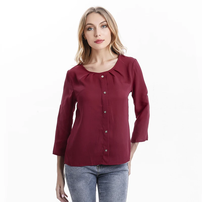 

New Women's Solid Top Pleated Button Sleeve Round Neck Button Loose Shirt Casual Style Women's Clothing Shirt Femme Nine Quarter