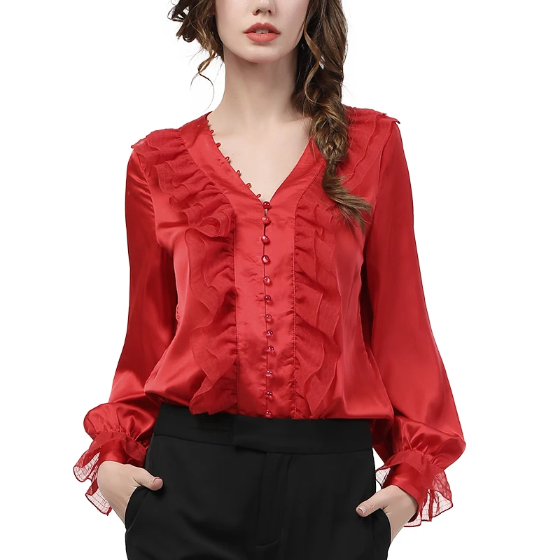 

2021 Spring Women Red Satin Shirt Spliced Chiffon Ruffles Elegant Beaded V-Neck Long Sleeve Tops Loose Plus Size Casual Blouses