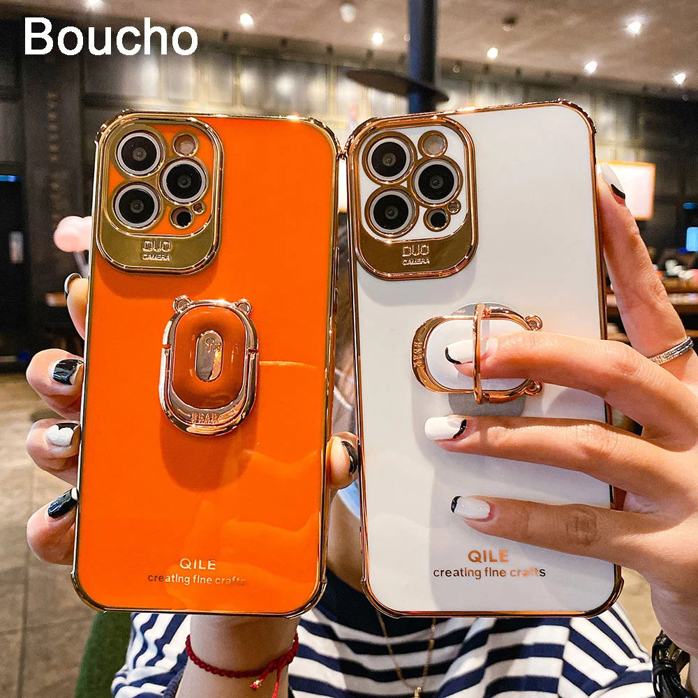 

Boucho Luxury electroplating phone case for iphone 12 Pro MAX 11 Pro XS XR X SE 6 6s 7 8 plus 12Mini Phone Holder Ring Grip Case