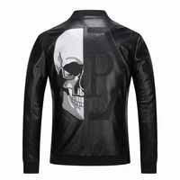 2021 skull rhinestones pu jackets men black high street stand neck zipper rib sleeve streetwear motorcycle faux leather coats