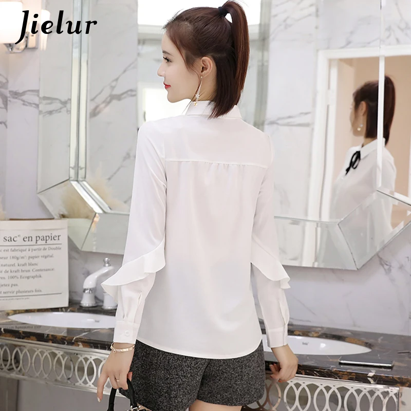 Jielur Lace Up Bow Tie Autumn Women Chiffon Blouse Ruffles Patchwork White Shirt Leisure Long Sleeve Pink Ladies Blusas Tops XXL | Женская