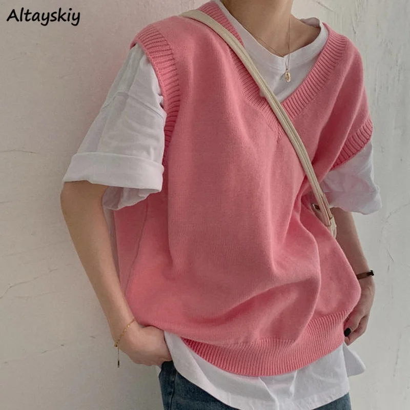 

Sweater Vest Women Spring Loose Cropped Simple All-match BF Fashionable Female Knitting Tunic Korean Streetwear Harajuku Popular