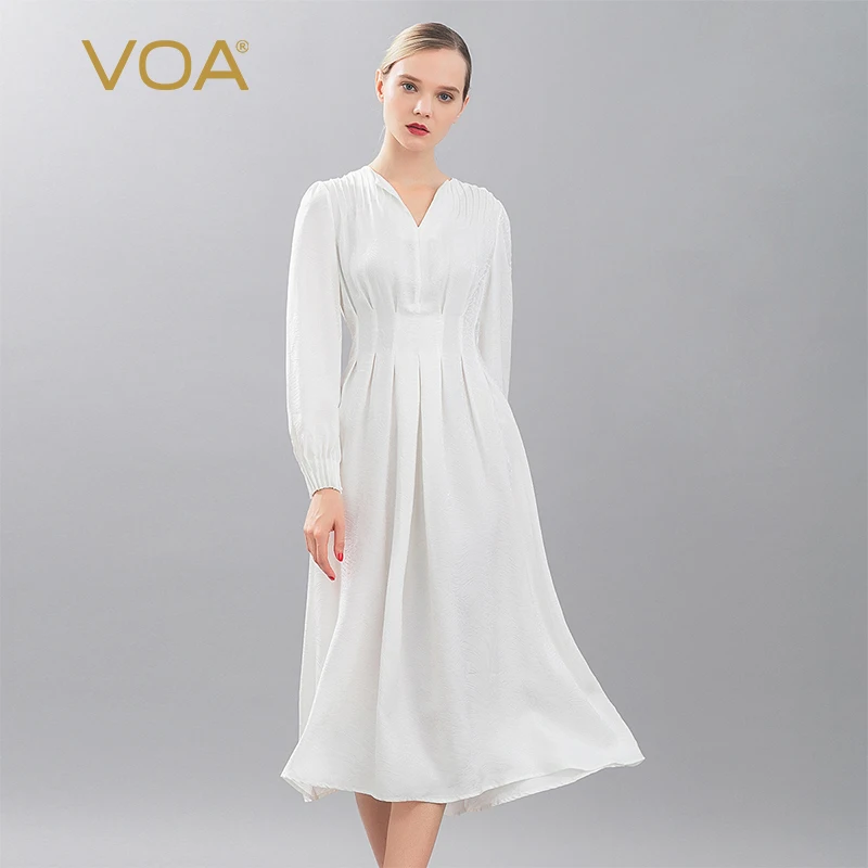 

Женское шелковое жаккардовое платье VOA, офисное ТРАПЕЦИЕВИДНОЕ ПЛАТЬЕ с полуоткрытым воротником и рукавами-фонариками, весна 2021