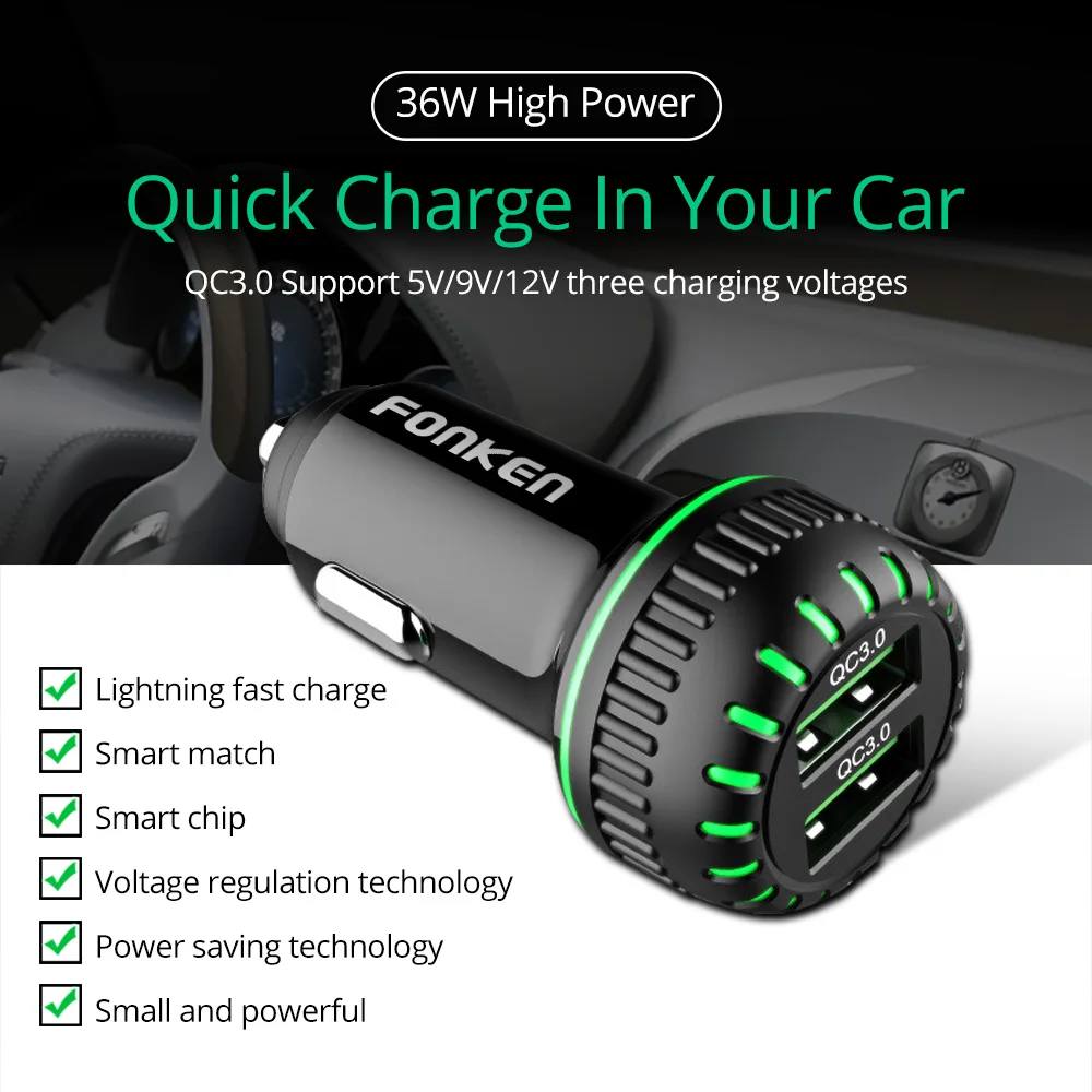 FONKEN USB Автомобильное зарядное устройство с функцией быстрой зарядки 3 0 Для