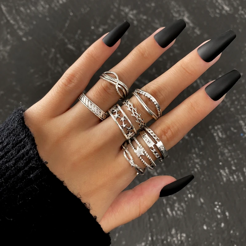 Винтажный металлический Серебряный набор колец с широкими костяшками для женщин