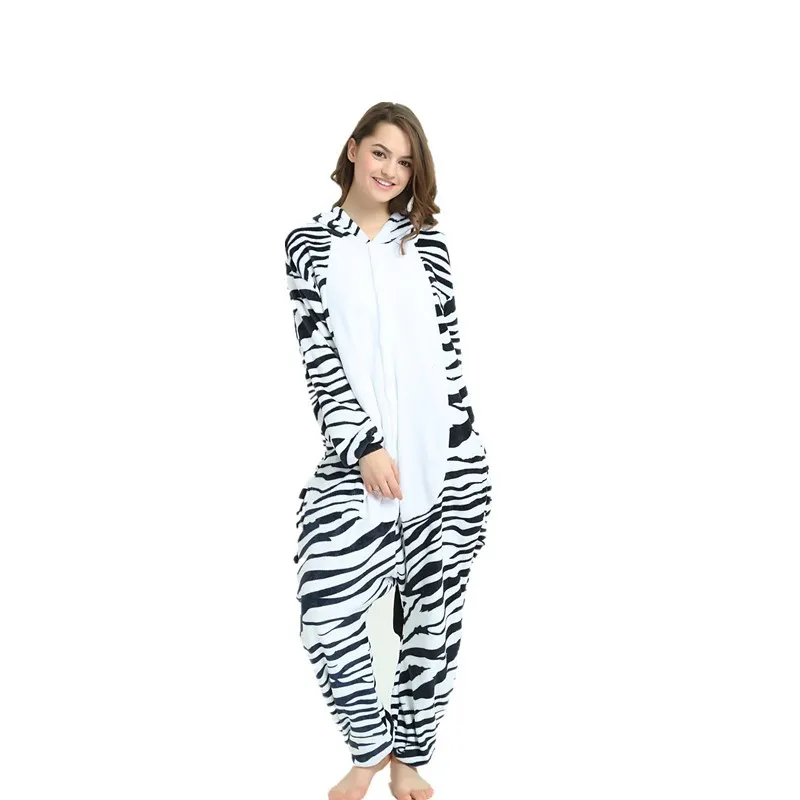 New Adults Animal Pajamas Cartoon Sleepwear Zebra Pajamas Sets Anime Kigurumi Women Men Warm Flannel Hooded