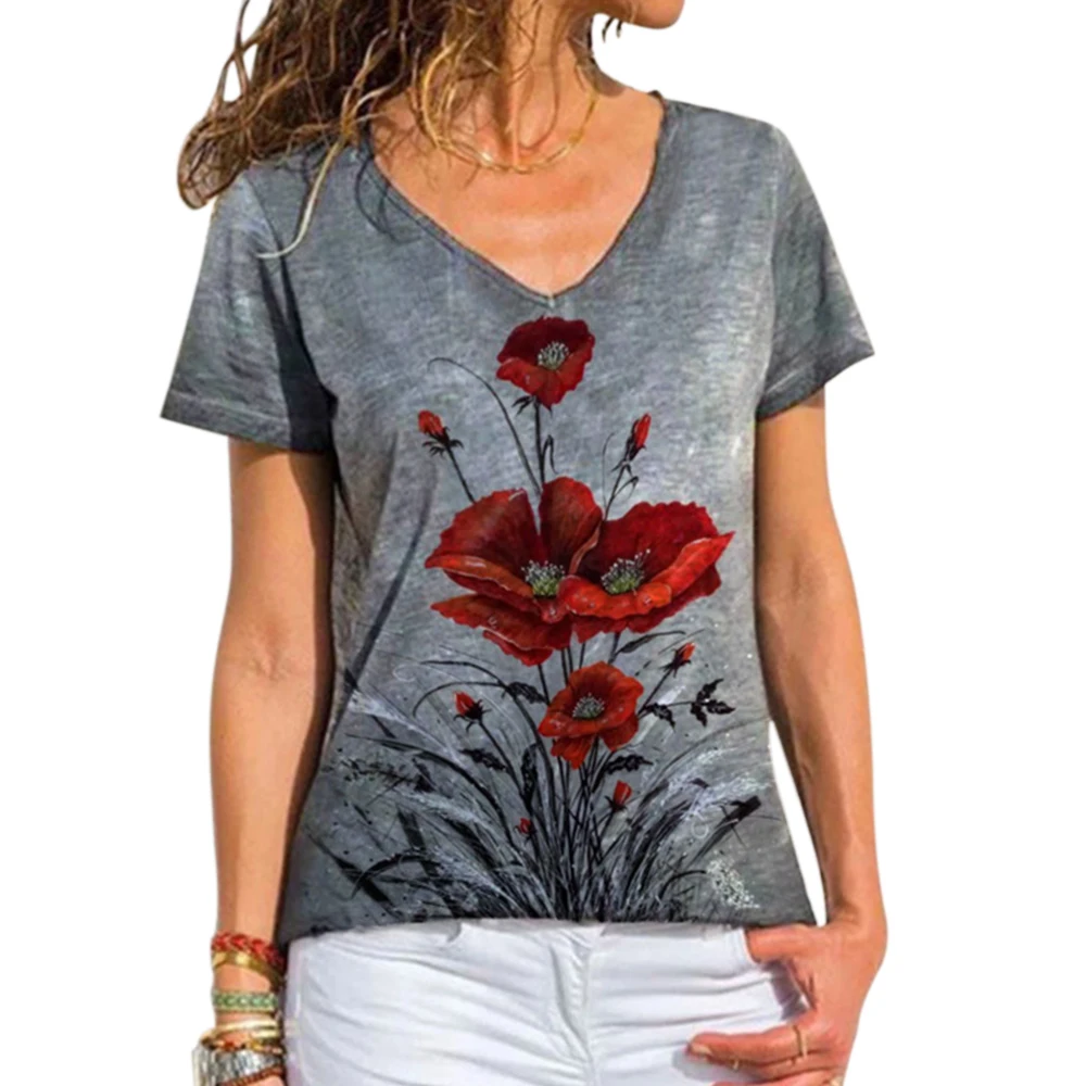 

Elegant Floral Print V-Neck T-shirt Women's Casual Short Sleeve Top Summer Ladies Street Plus Size Clothes Fashion Tee Shirt D30