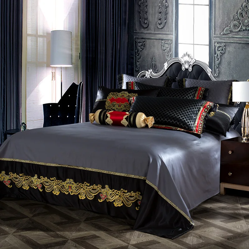 Blue Black Silk Satin Luxury Royal Bedding set Queen King size Bed Bed/Flat sheet spread Pillowcase Duvet cover | Дом и сад