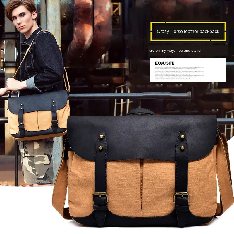 

Horse Leather Canvas Hand Bag Men's One-shoulder Cross-body Briefcase Outdoor Casual Durable Waterproof Satchel Black