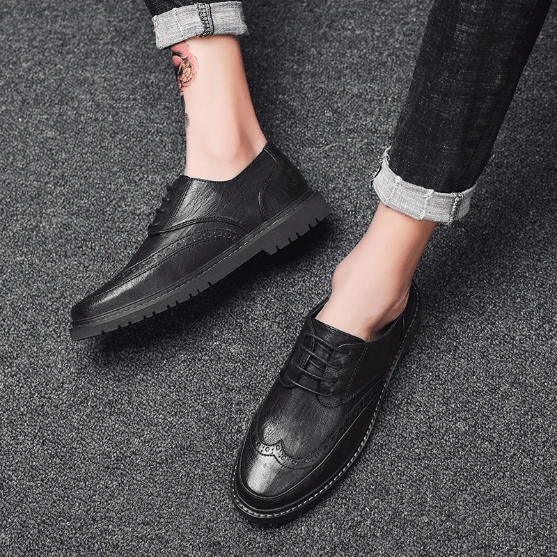 

Men Fashion Leather Shoes lace up brogue Soft Comfortable Loafers shoes Black Breathable Casual shoes Sneakers chaussure o4