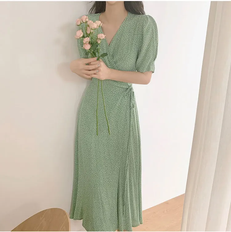 

New Casual Green Print Dre V Neck Bandage Beach Summer Bohemian Dresses For Women