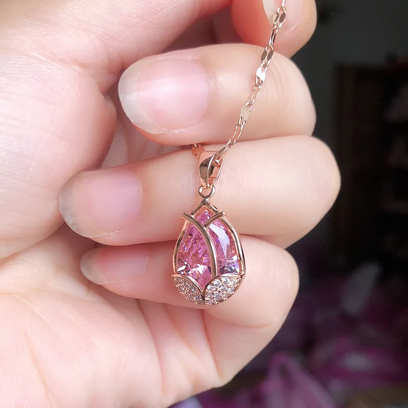 

Tulip Necklace Rose Gold Color Mysterious Amethyst Zircon Gems Fashion Flowers Clavicle Chain Necklace Women