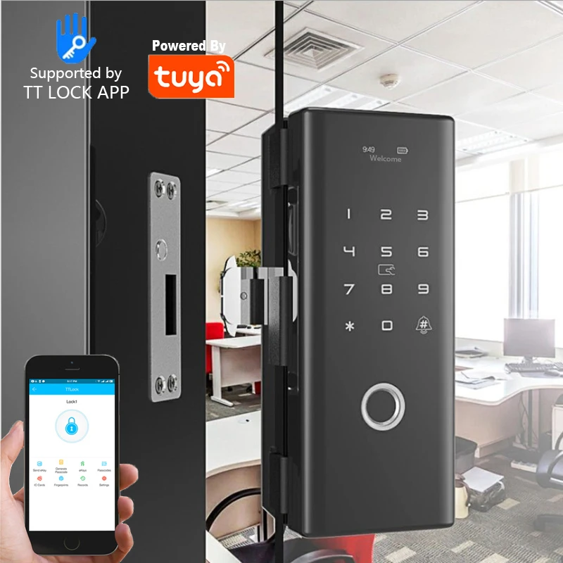 

TUYA lock Wifi Fingerprint card glass door lock Push Pull Smart Door Lock for Glass Sliding door Wooden Home Outdoor Gate door