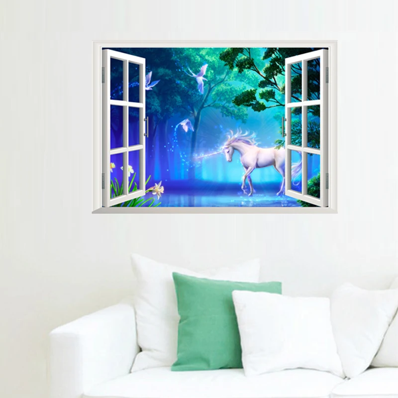 

3D наклейки на стену в виде единорога для детской комнаты, спальни, украшение для дома, животные, лесной пейзаж, роспись, искусство «сделай сам», ПВХ Наклейка на стену