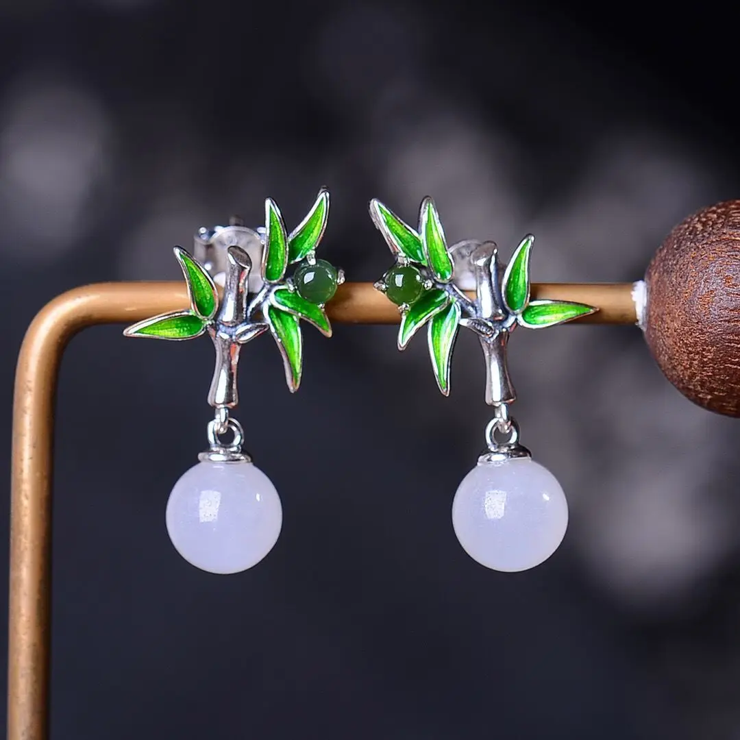 

S925 Sterling Silver Natural Hetian Jade Bamboo Leaf Earrings Long Earrings Elegance Retro Unique Ear Studs Earrings Women