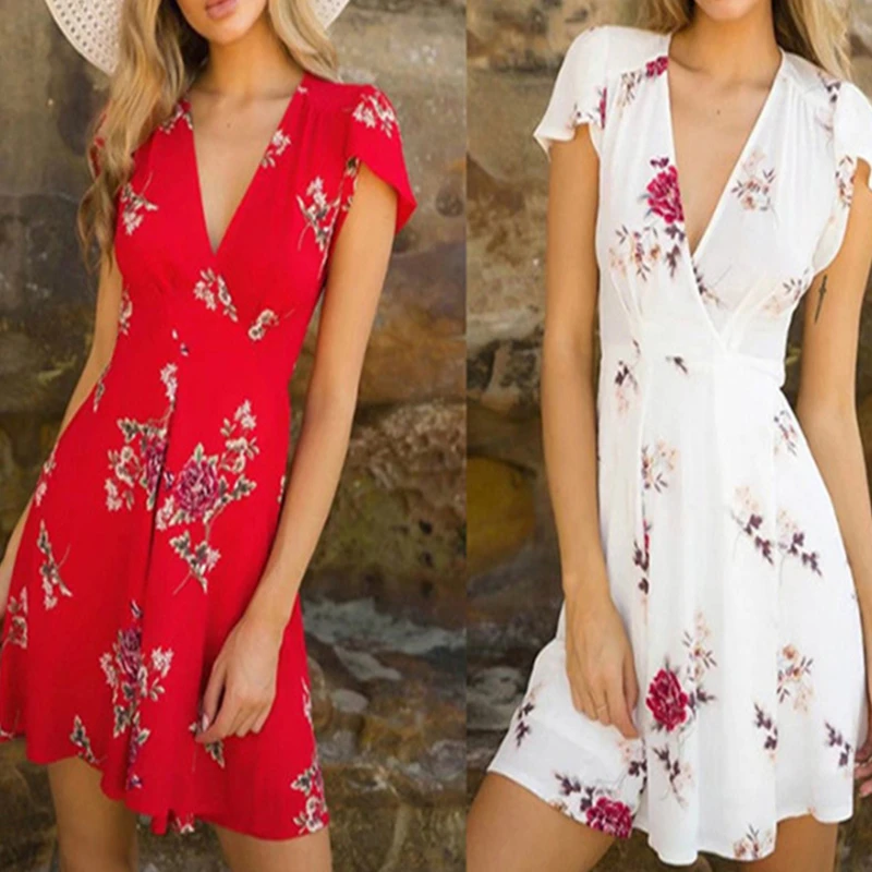 

Fashion Summer Women Dress Short Sleeve Print Dress Casual Floral Print Deep V-Neck Dress Short Mini Sexy Dress For Pary Clothes