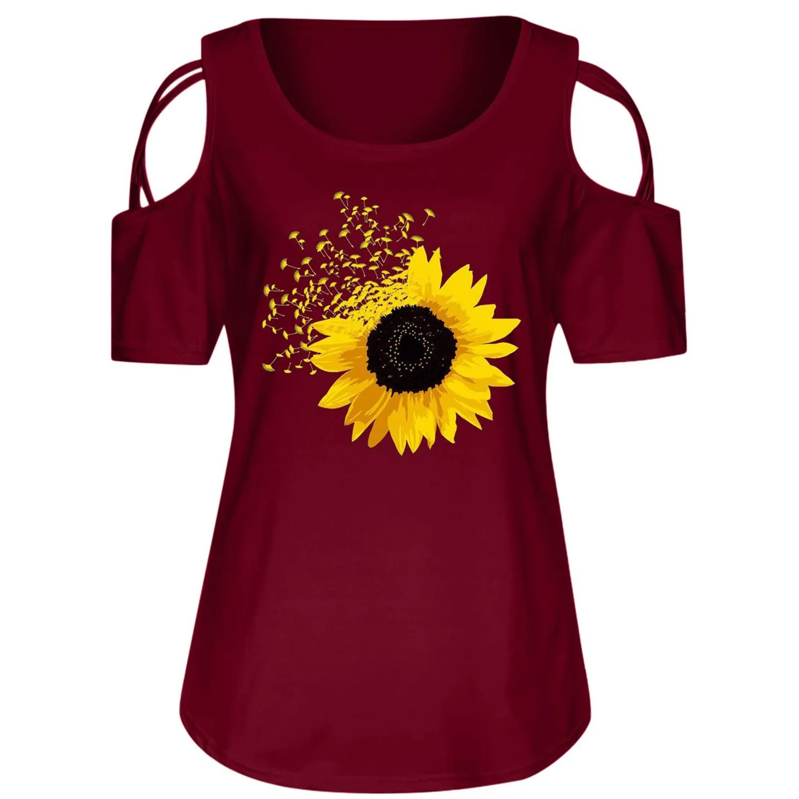 

Summer Women's Independence Day Printed Leaky Shoulder Strap Top T-shirt Short Sleeve Long Top Lace-up Cold Shoulder Sexy Top 02