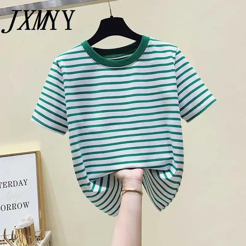 

ICCLEK JXMYY 2021 Summer Pure Cotton Striped Fashion New Color Matching Round Neck Loose And Thin Hot Short-Sleeved T-Shir