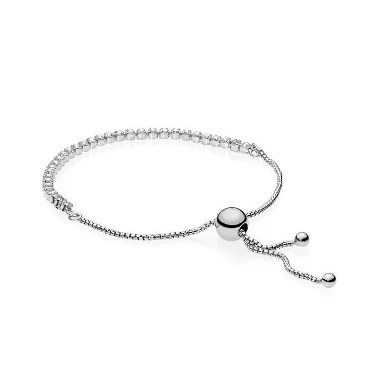 

Newest S925 Sterling Silver Sliding Clasp Adjust Fit Original Crystal Bracelet Women Charm Beads Jewelry Bangles gift