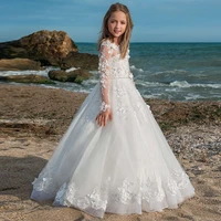 long sleeve white lace evening dress for girls elegant bridesmaid formal dresses kids girl first communion wedding party dress