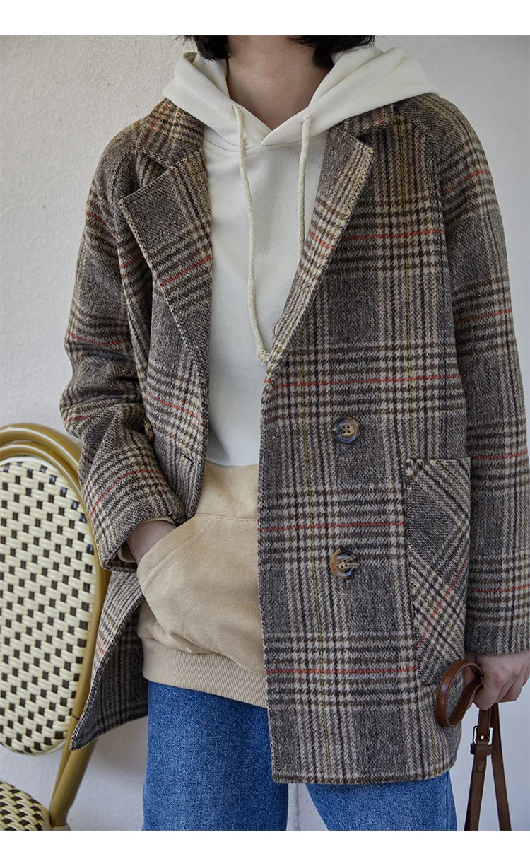 

Female Vintage Double Breasted Plaid Woolen Blazer New Long Sleeve Turn Down Collar Autumn Winter Women Clothing Coat Jacket