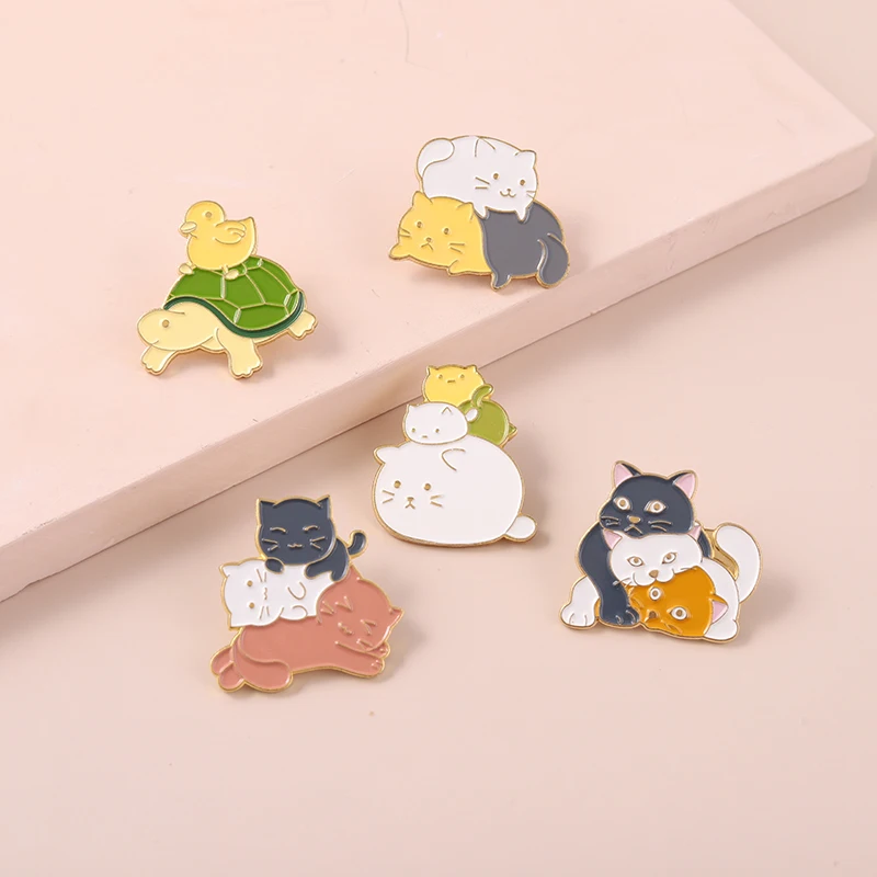 

Cartoon Cute Little Animal Enamel Pin Kawaii Tortoise Kittens Playing Stack Metal Brooches Badges Pins Gift For Cat Animal Lover