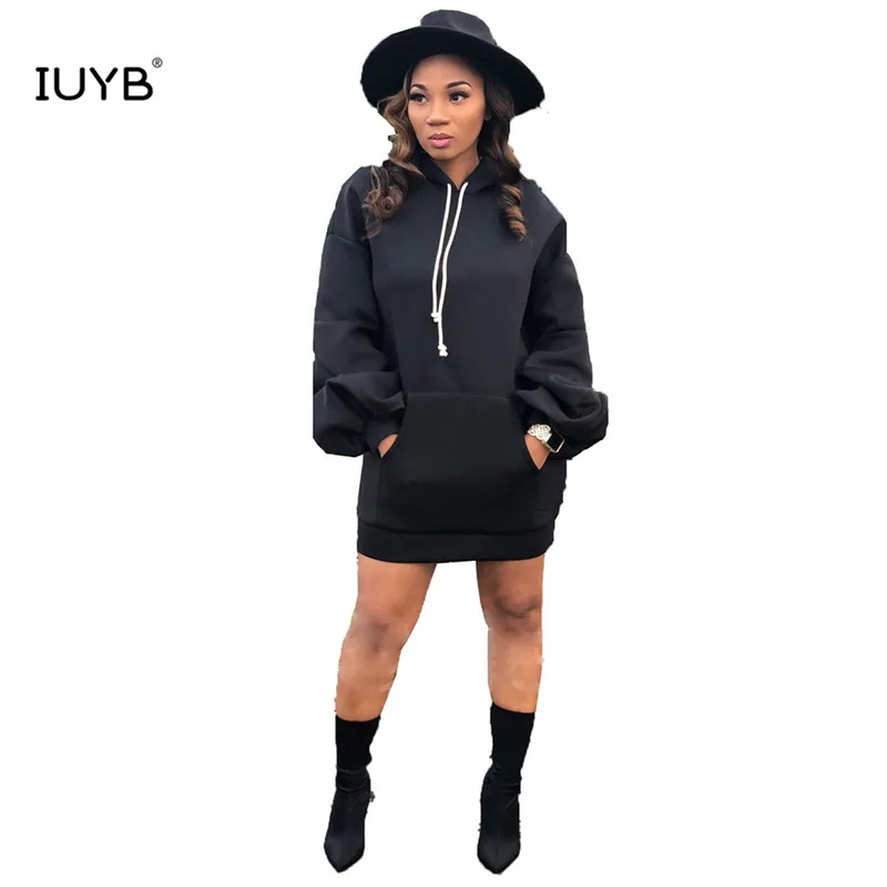 IUYB Hood 2019 однотонное свободное платье из флиса Черное длинное повседневное мини