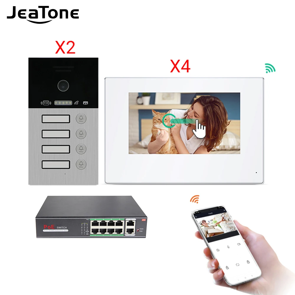 

Jeatone WIFI Video Intercom Video Doorbell 7'' Touch Screen for 4 Separate Apartments/8 Zone Alarm Support Smart Phone iOS