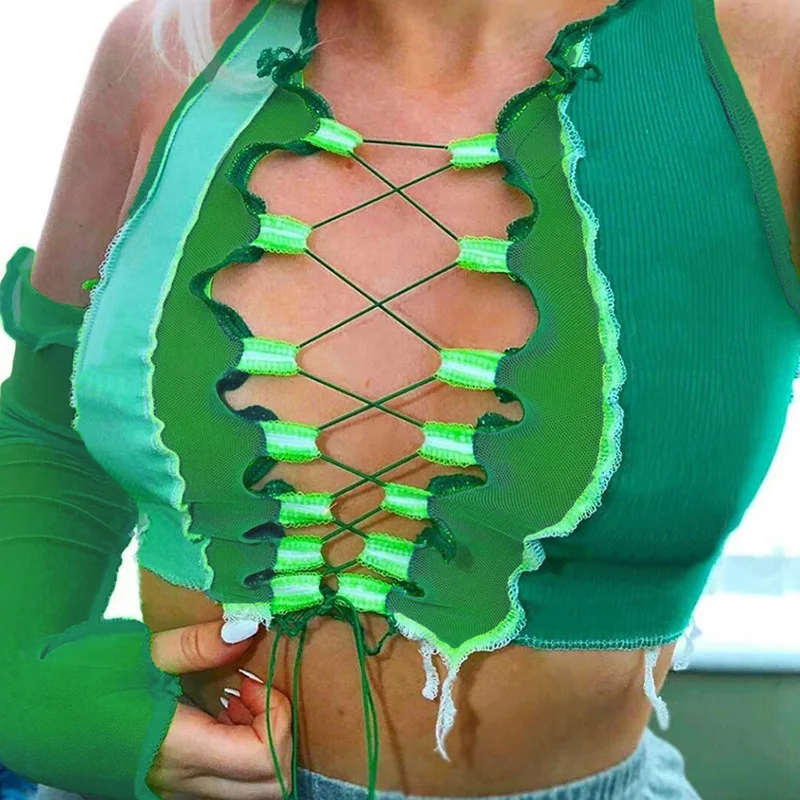 

Женский укороченный топ на шнуровке, летний пикантный топ с вырезами и завязками спереди, зеленая Клубная одежда для вечеринки, уличная оде...