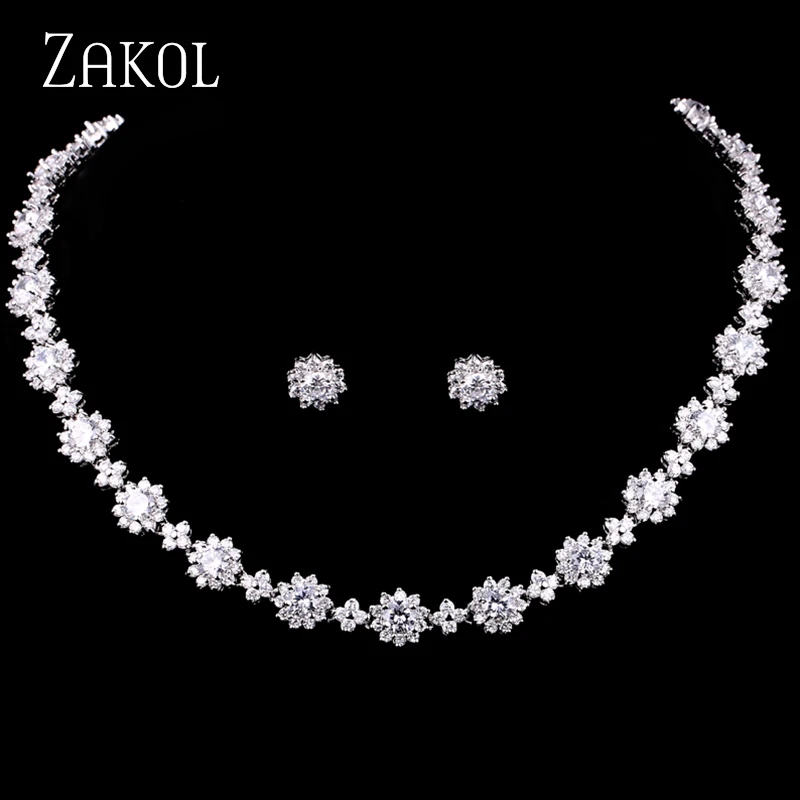 ZAKOL ослепительный AAA Круглый Цирконий цветок наборы свадебных ювелирных изделий для элегантных женщин вечерние платья FSSP121