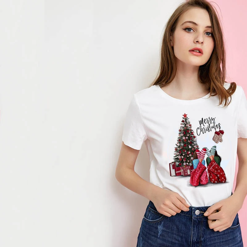 

Suitable All Seasons New Cute Reindeer T Shirt Fashion Harajuku All-matching T-shirt White Christmas Graphic Tee Women Clothing