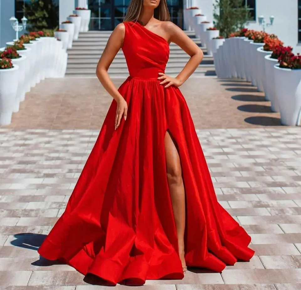 

Элегантное Длинное Красное Атласное Вечернее платье с разрезом, а-силуэт, в пол, на молнии сзади, плиссированное, на одно плечо, деловые плат...