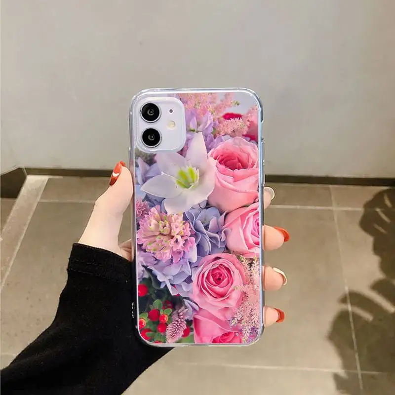 

Flower Pink Purple Peony Rose Phone Cases Transparent for iPhone 6 7 8 11 12 s mini pro X XS XR MAX Plus