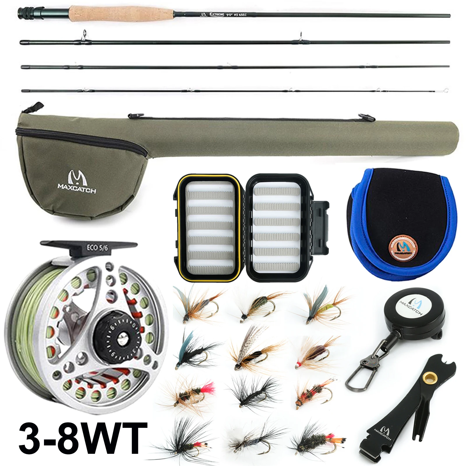 

Maximumcatch Extreme 3-8WT Medium-fast Carbon Fiber Fly Rod Combo with Graphite Reel & Fly Line&Tackle Box Triangle Tube