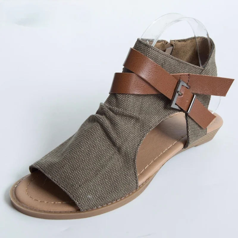 

2021 New Womens Summer Sandals Canvas Peep Toe Shoes Open Toe Lace-up Flats Beach Casual Flip Flops