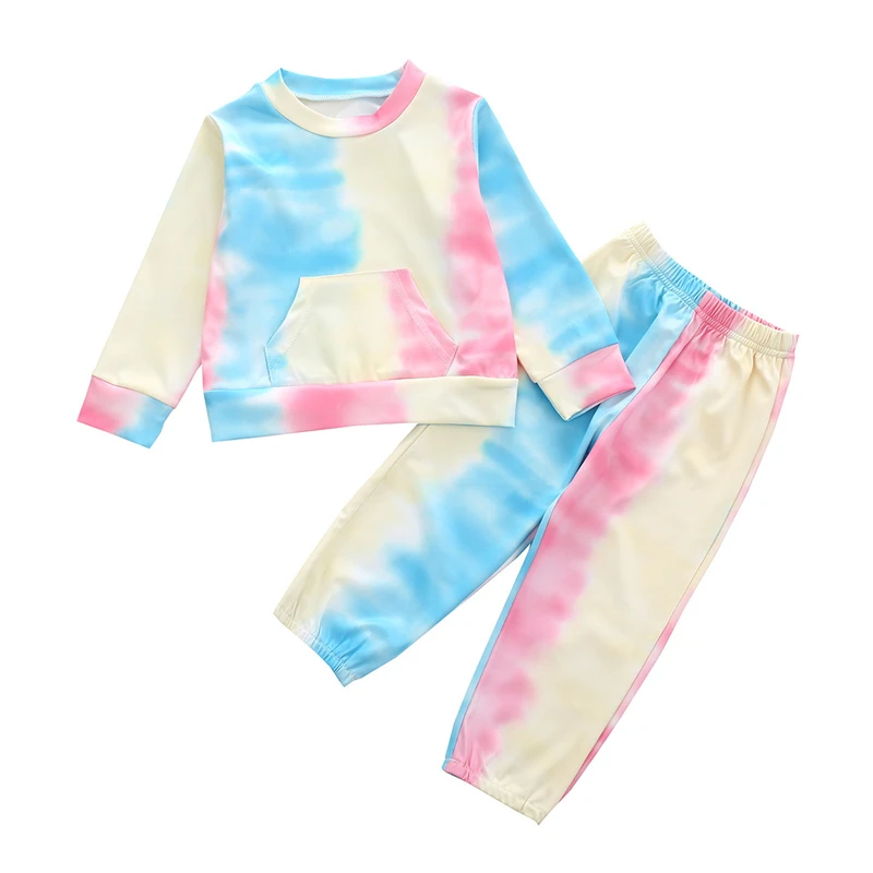 Primavera oto&ntilde;o ni&ntilde;o ni&ntilde;os ch&aacute;ndal de beb&eacute; establece beb&eacute; ni&ntilde;os lazos para ni&ntilde;as-dye impreso de manga larga Tops pantalones trajes casuales 0-5Y-2