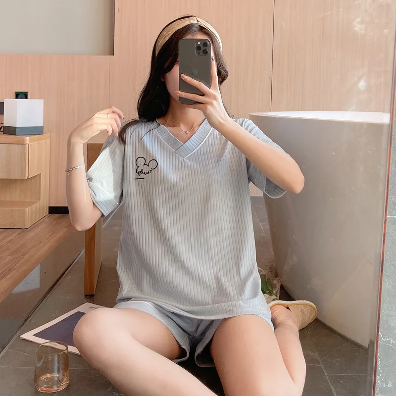 2021 Summer Women's Pajamas Short Sleeve V-neck Cotton Nightwear Pure Color Letter Shorts Sweet Lovely Home Suit Thin Sleepwear