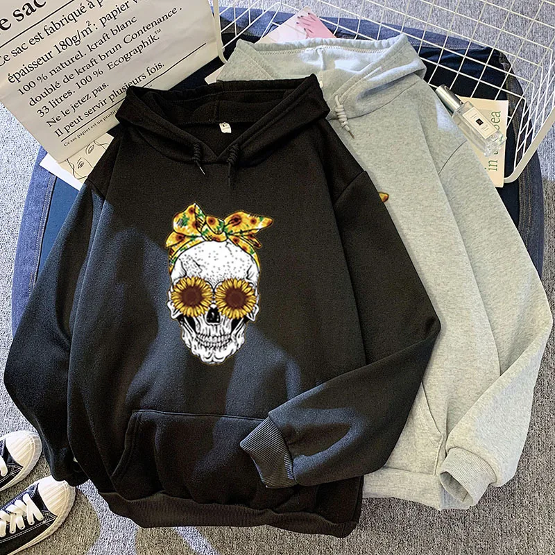 Women Skull Printed Hoodies Streetwear Hooded Vintage Sweatshirt Clothes Oversized Sweetshirt Harajuku Solid Color Hoodie